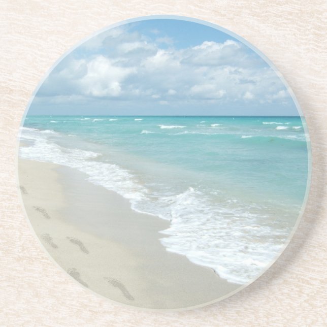 Footprints on White Sandy Beach, Scenic Aqua Blue Coaster (Front)