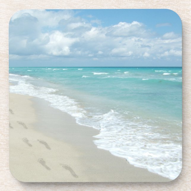 Footprints on White Sandy Beach, Scenic Aqua Blue Coaster (Front)