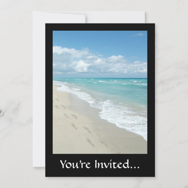 Footprints on White Sandy Beach, Scenic Aqua Blue Invitation (Front)