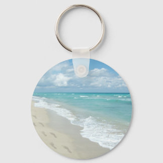 Footprints on White Sandy Beach, Scenic Aqua Blue Key Ring