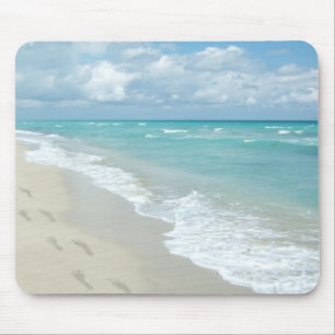 Footprints on White Sandy Beach, Scenic Aqua Blue Mouse Pad