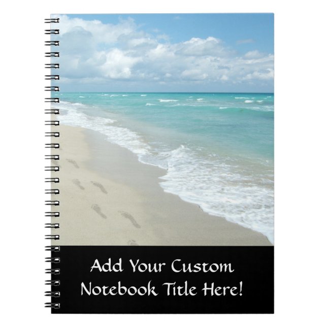 Footprints on White Sandy Beach, Scenic Aqua Blue Notebook (Front)