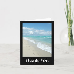 Footprints on White Sandy Beach, Scenic Aqua Blue Thank You Card
