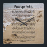 Footprints Prayer Poem Biblical Sand Square Wall Clock<br><div class="desc">This wall clock showcases the Footprints poem in a unique print font with black letters placed over a beach with footprints in the sand. This clock is made for any wall and printed with a AcryliPrint®HD process measures 10.75" x 10.75" and made from grade-A acrylic. Battery operated uses one AA...</div>