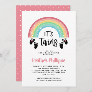 Footprints Rainbow Pink Girl Twins Baby Shower Invitation