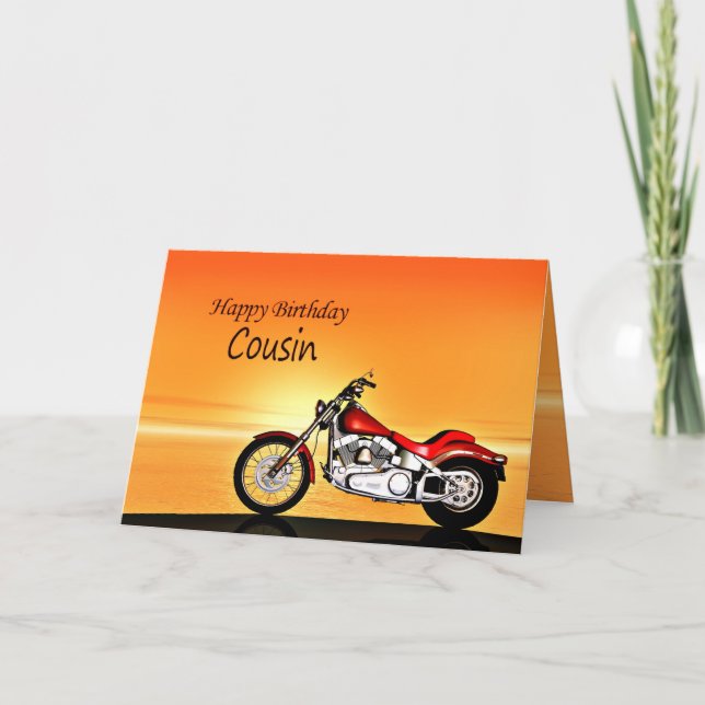 For a Cousin, Motorcycle sunset birthday Card (Front)