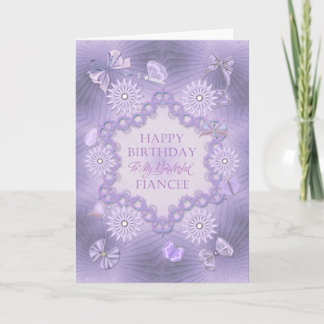 For a fiancee, lilac birthday card with flowers (Front)
