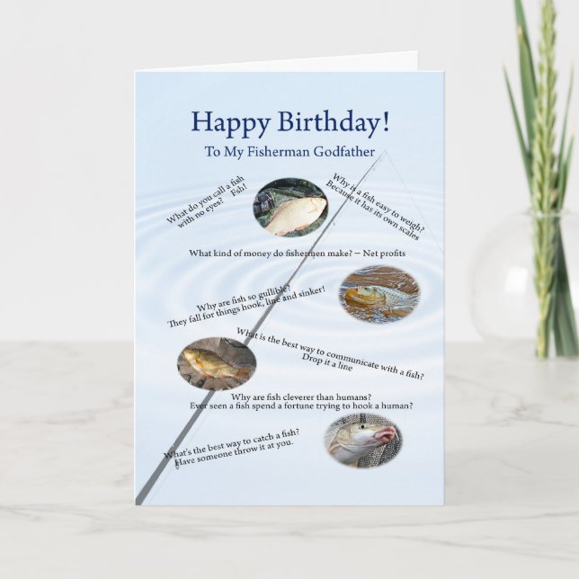For a godfather, Fishing jokes birthday card (Front)