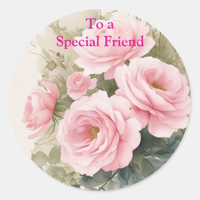 For a Special Friend Pink Red Roses Birthday Card Classic Round Sticker (Front)