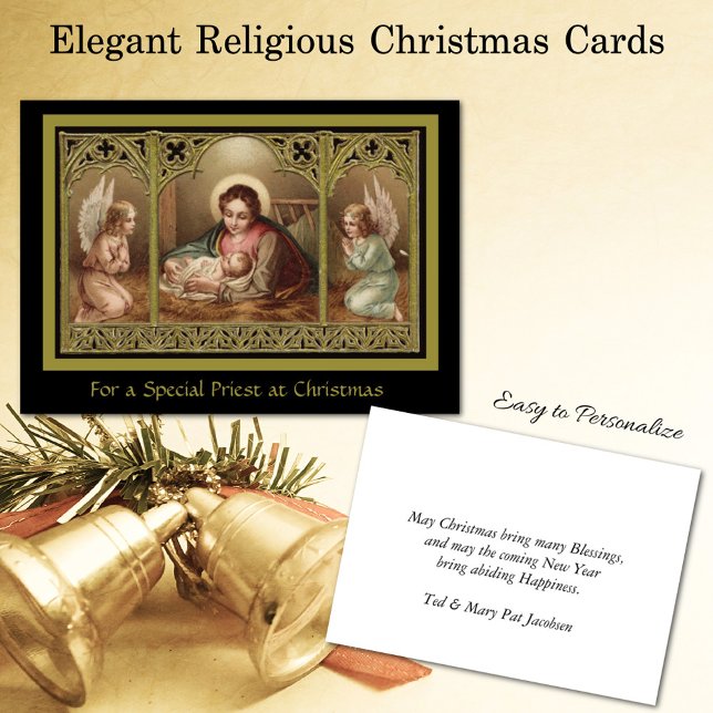 For a Special Priest Holiday Card (Beautiful Religious Elegant Christmas Image of Mary adoring Jesus in the Manger)