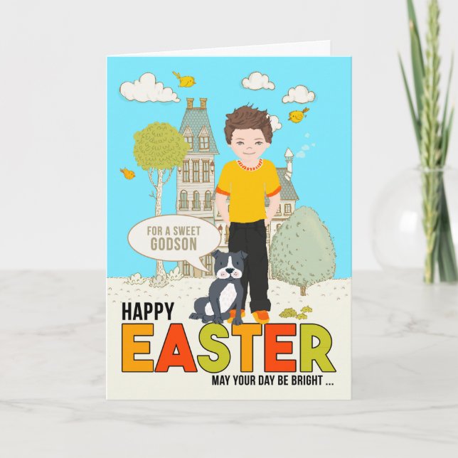 for a Young Godson on Easter Caucasian Boy Dog Card (Front)