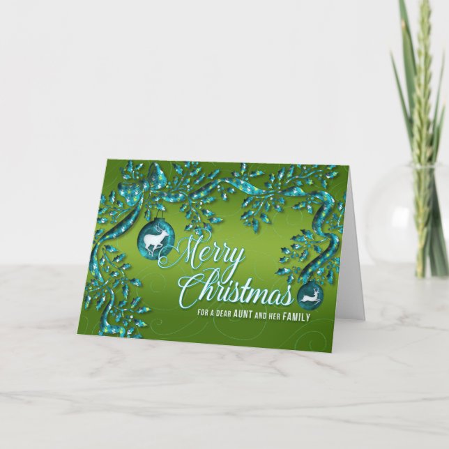 for Aunt and her Family Green Turquoise Christmas Holiday Card (Front)