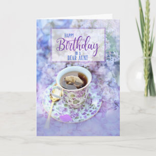 for Aunt Cup of Tea and Purple Flowers Birthday Card