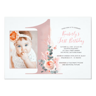 For Baby Girl | Pink 1st Birthday Party Photo Invitation