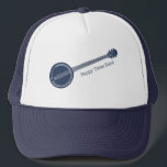 For Banjo Players Blue and White Custom Message Trucker Hat<br><div class="desc">Add the name of your bluegrass band,  your own funny slogan or the name of your favourite banjo player to create a one of a kind hat. This hat features an illustration of a banjo in navy blue with your own message spelled out in coordinating blue lettering.</div>