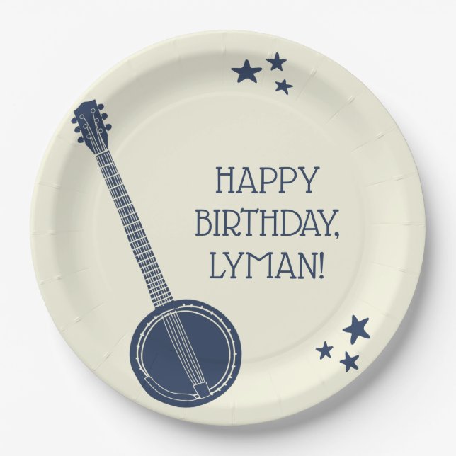 For Banjo Players Navy Blue Personalised Party Paper Plate (Front)