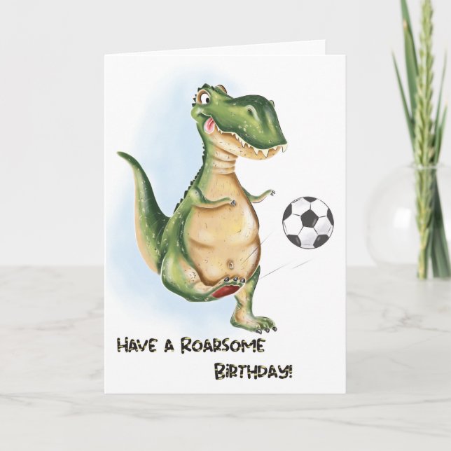 For Boy Cute T-Rex and Football Birthday Card (Front)
