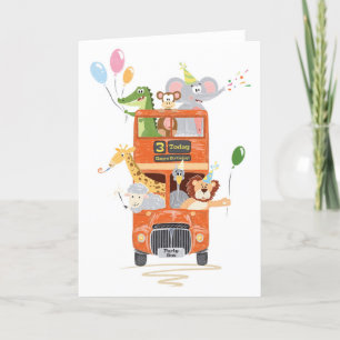 For Boy or Girl Cute Animal Party Bus 3rd Birthday Card