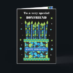 For Boyfriend Birthday Cake with Candles Card<br><div class="desc">A bright birthday card for your boyfriend, with lots of patterned candles on a birthday cake. At the top of the front cover, the words, 'To a very special BOYFRIEND' are in a white lettering on the black background. There is a blue band around the cake with 'HAPPY BIRTHDAY!' also...</div>