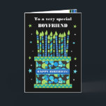 For Boyfriend Birthday Cake with Candles Card<br><div class="desc">A bright birthday card for your boyfriend, with lots of patterned candles on a birthday cake. At the top of the front cover, the words, 'To a very special BOYFRIEND' are in a white lettering on the black background. There is a blue band around the cake with 'HAPPY BIRTHDAY!' also...</div>