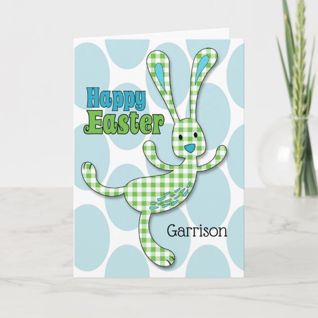 for Boys - Custom Name Easter Bunny in Gingham Holiday Card (Front)