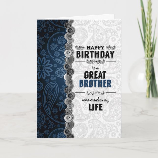 for Brother Birthday Blue Paisley with Buttons Card (Front)
