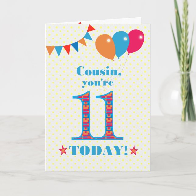 For Cousin 11th Birthday Bunting Balloons Card (Front)