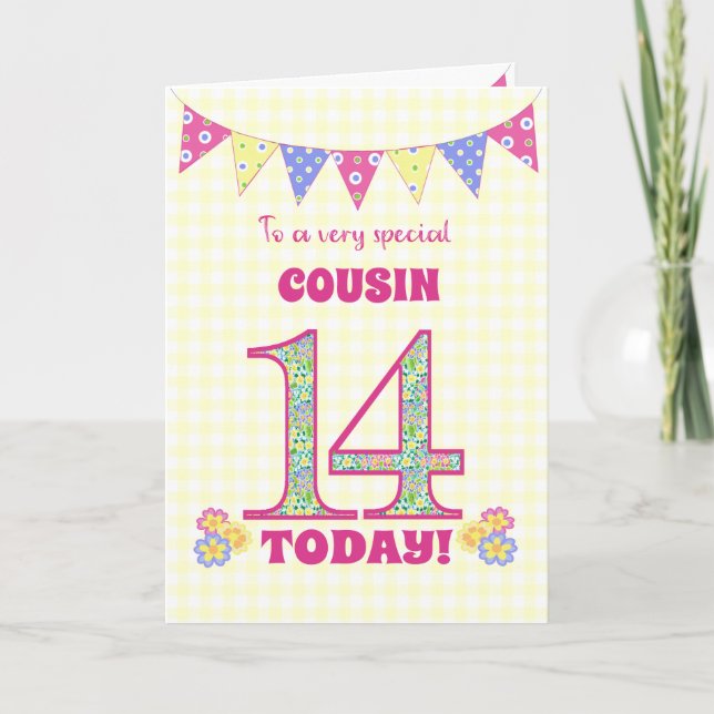 For Cousin 14th Birthday Primroses Bunting Card (Front)