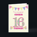 For Cousin 16th Birthday Primroses Bunting Card<br><div class="desc">A pretty 16th Birthday card for your cousin, with polka dot bunting, primrose flowers and numbers filled with a primrose pattern, all on a pale yellow check gingham background. The front cover message is, 'To a very special COUSIN 16 TODAY!' The inside message is just a suggestion and you can...</div>