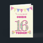 For Cousin 16th Birthday Primroses Bunting Card<br><div class="desc">A pretty 16th Birthday card for your cousin, with polka dot bunting, primrose flowers and numbers filled with a primrose pattern, all on a pale yellow check gingham background. The front cover message is, 'To a very special COUSIN 16 TODAY!' The inside message is just a suggestion and you can...</div>