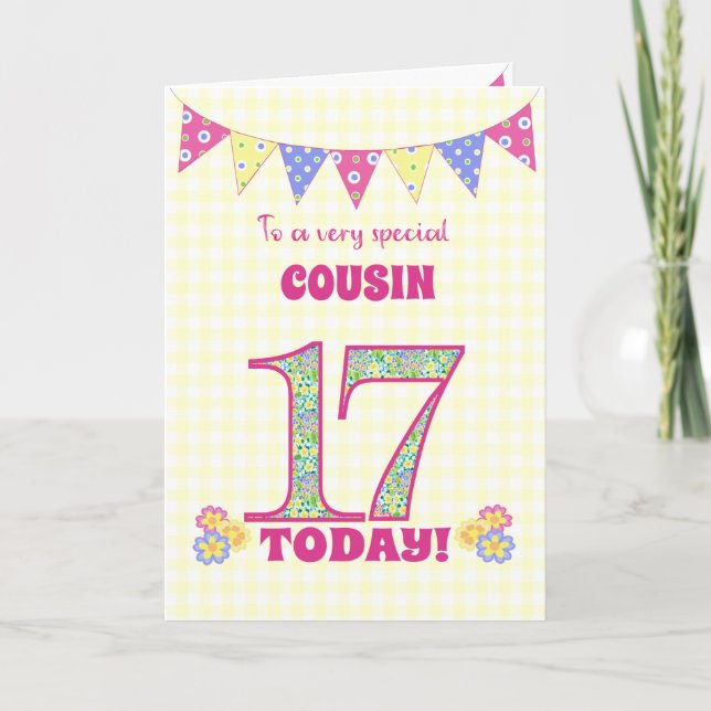 For Cousin 17th Birthday Primrose and Bunting Card (Front)