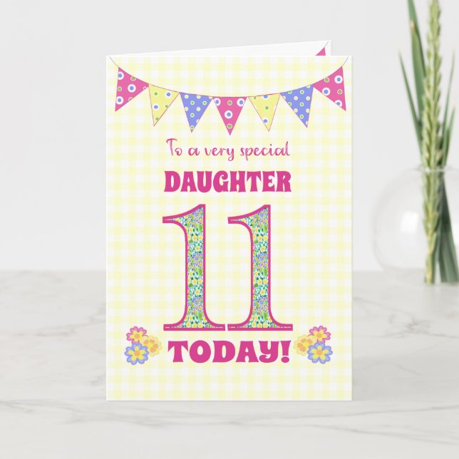 For Daughter 11th Birthday Primroses Bunting Card (Front)