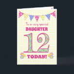 For Daughter 12th Birthday Primroses Bunting Card<br><div class="desc">A pretty 12th Birthday card for your daughter, with polka dot bunting, primrose flowers and numbers filled with a primrose pattern, all on a pale yellow check gingham background. The front cover message is, 'To a very special DAUGHTER 12 TODAY!' The inside message is just a suggestion and you can...</div>