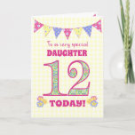 For Daughter 12th Birthday Primroses Bunting Card<br><div class="desc">A pretty 12th Birthday card for your daughter, with polka dot bunting, primrose flowers and numbers filled with a primrose pattern, all on a pale yellow check gingham background. The front cover message is, 'To a very special DAUGHTER 12 TODAY!' The inside message is just a suggestion and you can...</div>