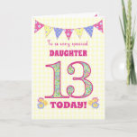 For Daughter 13th Birthday Primroses Bunting Card<br><div class="desc">A pretty 13th Birthday card for your daughter, with polka dot bunting, primrose flowers and numbers filled with a primrose pattern, all on a pale yellow check gingham background. The front cover message is, 'To a very special DAUGHTER 13 TODAY!' The inside message is just a suggestion and you can...</div>