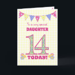 For Daughter 14th Birthday Primroses Bunting Card<br><div class="desc">A pretty 14th Birthday card for your daughter, with polka dot bunting, primrose flowers and numbers filled with a primrose pattern, all on a pale yellow check gingham background. The front cover message is, 'To a very special DAUGHTER 14 TODAY!' The inside message is just a suggestion and you can...</div>