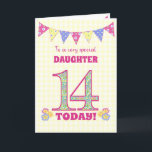 For Daughter 14th Birthday Primroses Bunting Card<br><div class="desc">A pretty 14th Birthday card for your daughter, with polka dot bunting, primrose flowers and numbers filled with a primrose pattern, all on a pale yellow check gingham background. The front cover message is, 'To a very special DAUGHTER 14 TODAY!' The inside message is just a suggestion and you can...</div>