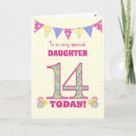 For Daughter 14th Birthday Primroses Bunting Card<br><div class="desc">A pretty 14th Birthday card for your daughter, with polka dot bunting, primrose flowers and numbers filled with a primrose pattern, all on a pale yellow check gingham background. The front cover message is, 'To a very special DAUGHTER 14 TODAY!' The inside message is just a suggestion and you can...</div>