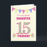 For Daughter 15th Birthday Primroses Bunting Card<br><div class="desc">A pretty 15th Birthday card for your daughter, with polka dot bunting, primrose flowers and numbers filled with a primrose pattern, all on a pale yellow check gingham background. The front cover message is, 'To a very special DAUGHTER 15 TODAY!' The inside message is just a suggestion and you can...</div>