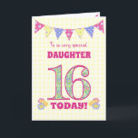 For Daughter 16th Birthday Primroses Bunting Card<br><div class="desc">A pretty 16th Birthday card for your daughter, with polka dot bunting, primrose flowers and numbers filled with a primrose pattern, all on a pale yellow check gingham background. The front cover message is, 'To a very special DAUGHTER 16 TODAY!' The inside message is just a suggestion and you can...</div>