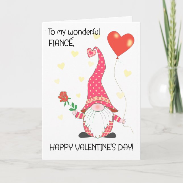 For Fiance Valentine's Cute Gnome with Red Rose Card (Front)