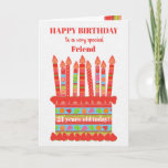 For Friend Custom Age Birthday Cake Card<br><div class="desc">You can add the age to this brightly colored birthday card for your friend, with a strawberry birthday cake. The cake has lots of candles with different patterns and there is a patterned band around the cake with colorful summer fruits - strawberries, raspberries, limes and orange slices. Above the cake,...</div>