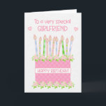 For Girlfriend Birthday Cake Hearts and Roses Card<br><div class="desc">A very pretty birthday card for your girlfriend with a pink birthday cake with lots of patterned candles. The cake is pink, with a polka dot pattern and decorated with clusters of pink, Albertine roses, painted by hand in watercolour. 'Happy Birthday!' is written in matching pink on a white band...</div>