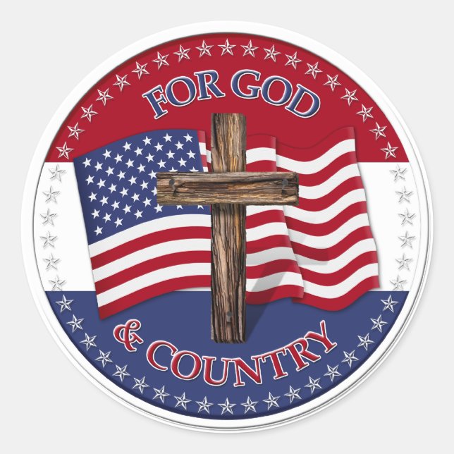 For God And Country - Cross with 50 stars US Flag Classic Round Sticker (Front)