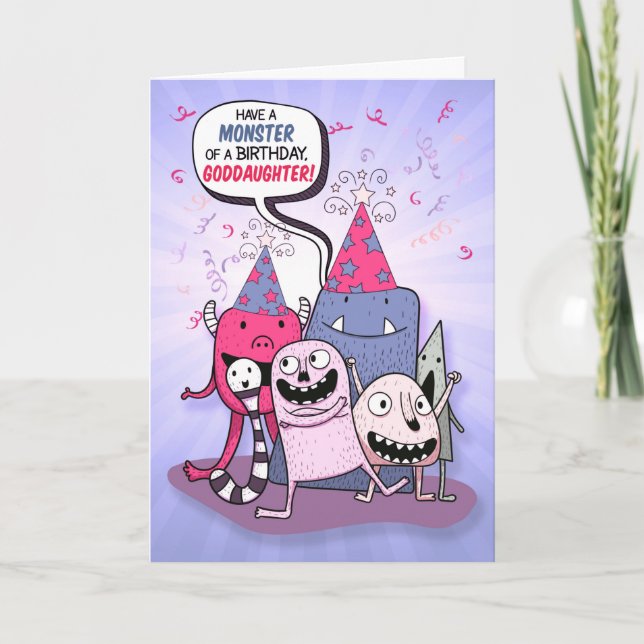 for Goddaughter Pink and Purple Monster Birthday Card (Front)