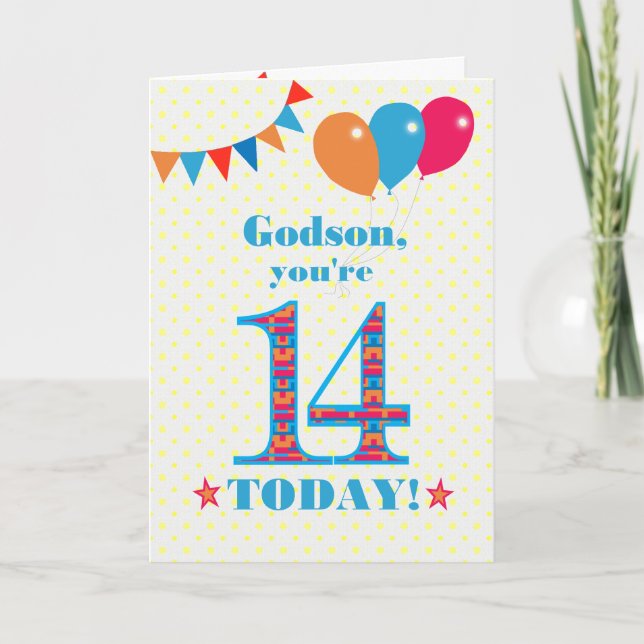 For Godson 14th Birthday Bunting Balloons Card (Front)