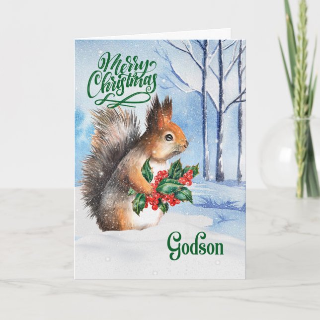 for Godson Christmas Squirrel Winter Woodland Holiday Card (Front)