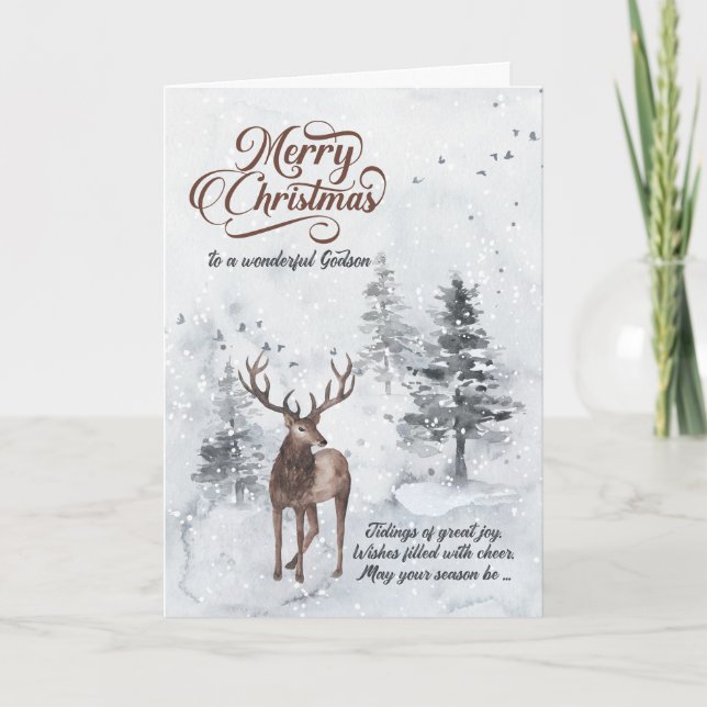 for Godson Reindeer in a Snowy Forest Christmas Holiday Card (Front)