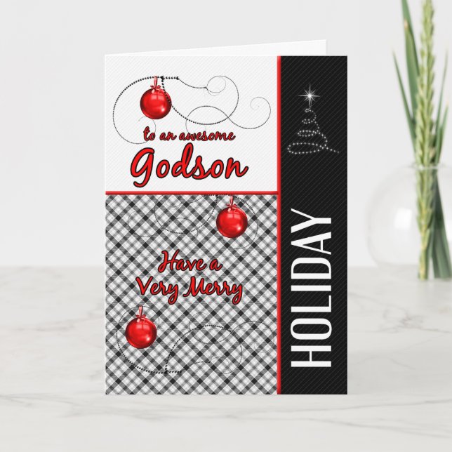 for Godson Sporty Red and Black Plaid Holiday Card (Front)