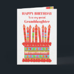 For Granddaughter Custom Age Birthday Cake Card<br><div class="desc">You can add the age to this brightly colored birthday card for your granddaughter, with a strawberry birthday cake. The cake has lots of candles with different patterns and there is a patterned band around the cake with colorful summer fruits - strawberries, raspberries, limes and orange slices. Above the cake,...</div>